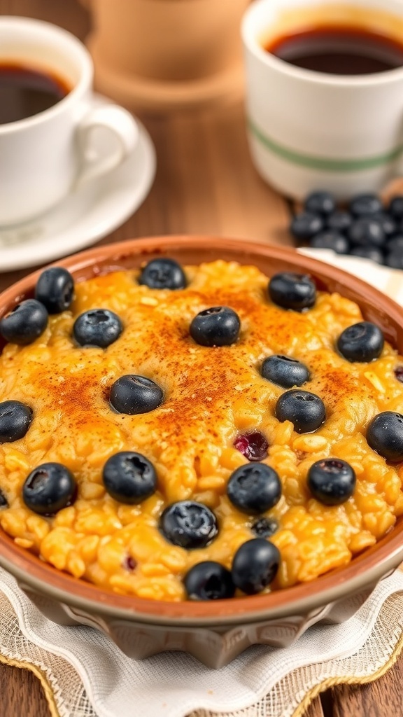 Baked blueberry oatmeal in a rustic bowl, topped with blueberries and cinnamon, on a wooden table.